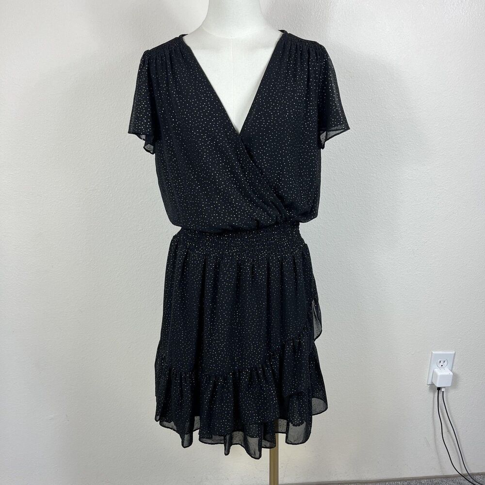 MICHAEL Michael Kors Dress Womens Medium Black Textured Polka Dot Wrap Ruffle
